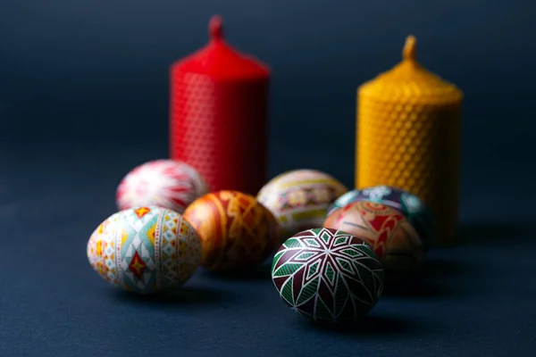 Happy Easter Card Beautiful Easter Egg Pysanka Handmade Candles Black — Fotografia de Stock