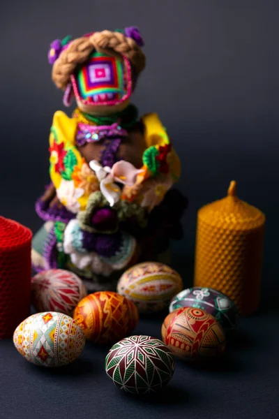 Happy Easter Card Beautiful Easter Egg Pysanka Handmade Motanka Doll — Fotografia de Stock