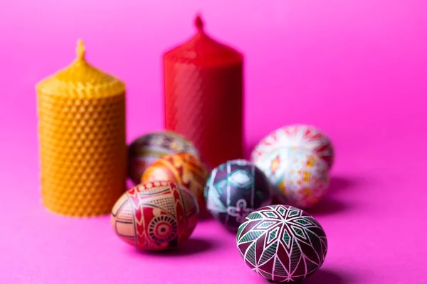 Happy Easter Card Beautiful Easter Egg Pysanka Handmade Candles Pink — Fotografia de Stock