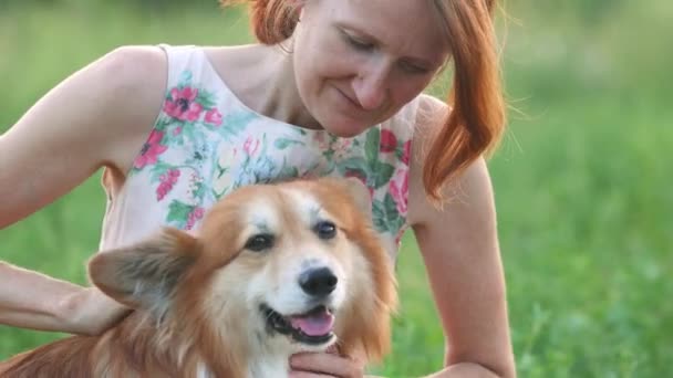 Χαμογελαστή Χαρούμενη Νεαρή Γυναίκα Που Κάθεται Σκυλάκι Της Στο Απογευματινό — Αρχείο Βίντεο