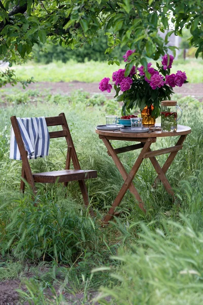 Garden Tea Party Country Style Still Life Cups Dishes Vase — Fotografia de Stock