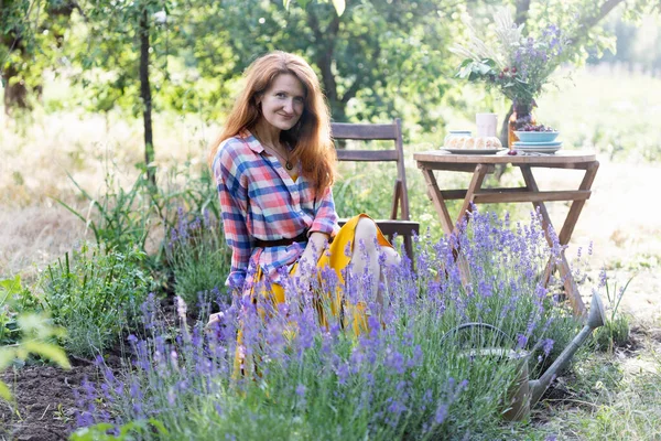 Girl Garden Background Lavender Garden Horticulture — Φωτογραφία Αρχείου