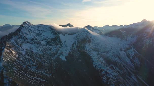 Evening Aerial View Snowed Alps Summits Beams Setting Sun Hohe — Stock Video