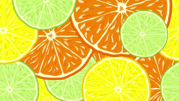 Draaien Citrusvruchten Achtergrond Met Sinaasappel Citroen Limoen Roterende Schijfje Citrus — Stockvideo