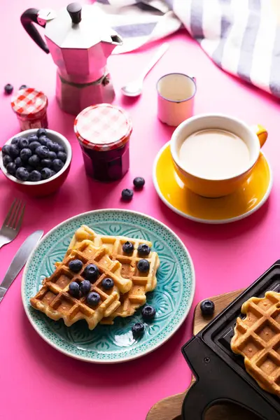 Morning Bright Breakfast Pink Background Belgian Waffles Blueberries Coffe Stockbild