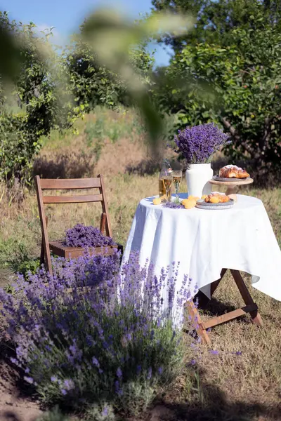 レモネード クロワッサン エプロコット ガーデンのテーブルにラベンダーの花束 ロイヤリティフリーのストック写真