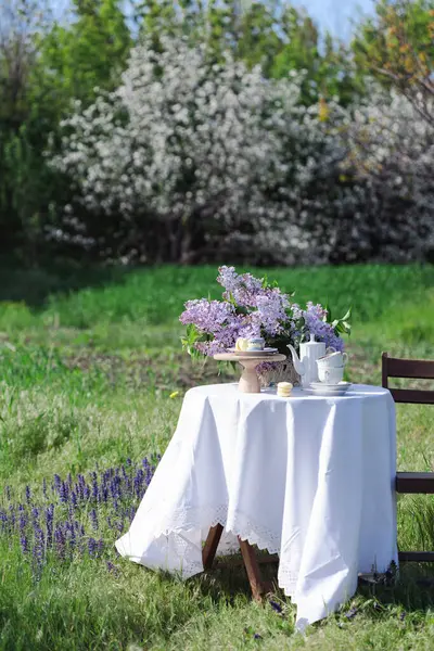 Buket Indah Lilac Dalam Vas Dan Kue Makaron Kebun Musim Stok Gambar