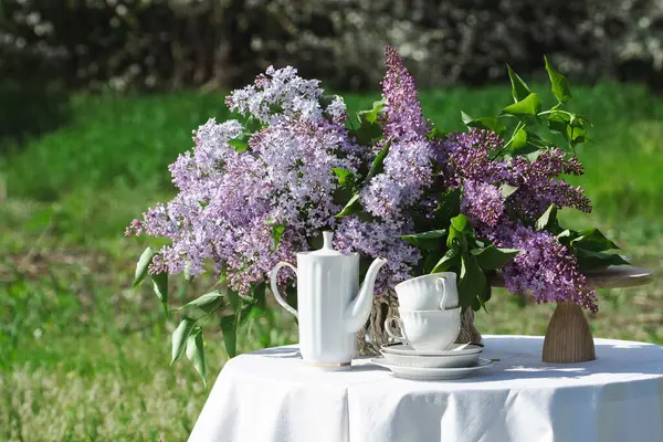 Beautiful Bouquet Lilacs Vase Cakes Macaron Spring Garden Still Lif Royalty Free Stock Images
