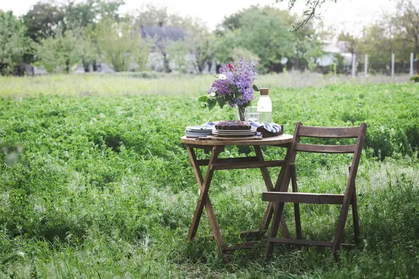 Garten Und Stillleben Teeparty Garten Kuchen Vase Mit Fliederstrauß Auf Stockbild