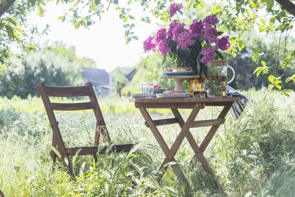 Garden Tea Party Country Style Still Life Cups Dishes Vase Fotografias De Stock Royalty-Free