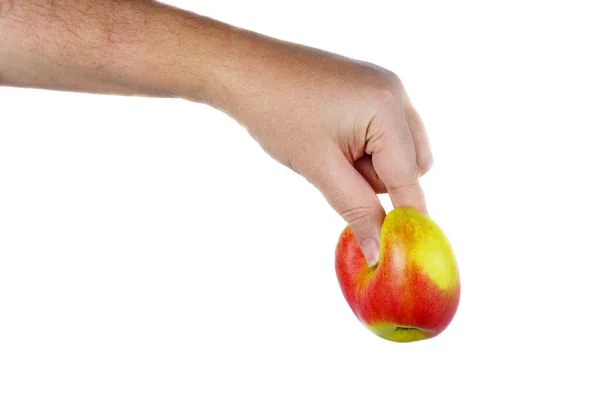 Frischer Apfel Von Mächtigen Fingern Gepresst Und Deformiert Weißer Hintergrund — Stockfoto