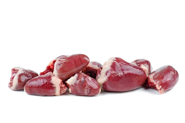 Beyaz Arkaplanda Çiğ Hindi Veya Tavuk Kalpleri Izole — Stok fotoğraf