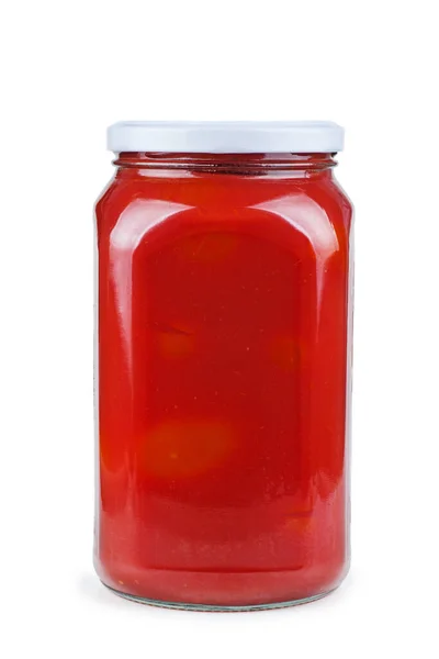 Glazen Pot Met Tomatensap Geïsoleerd Witte Achtergrond — Stockfoto