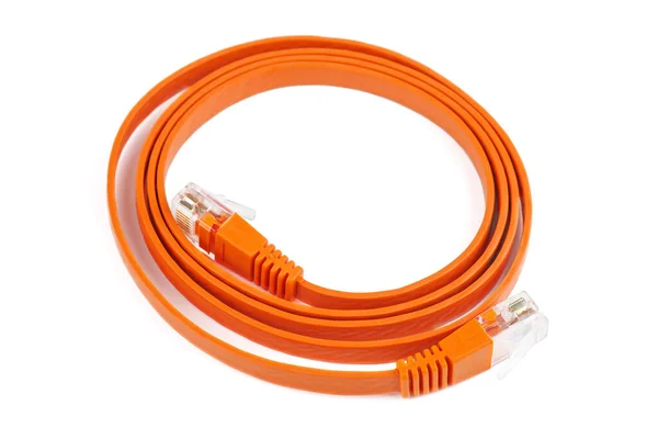 Lapos Narancssárga Ethernet Réz Rj45 Patchcord Izolált Fehér Alapon — Stock Fotó