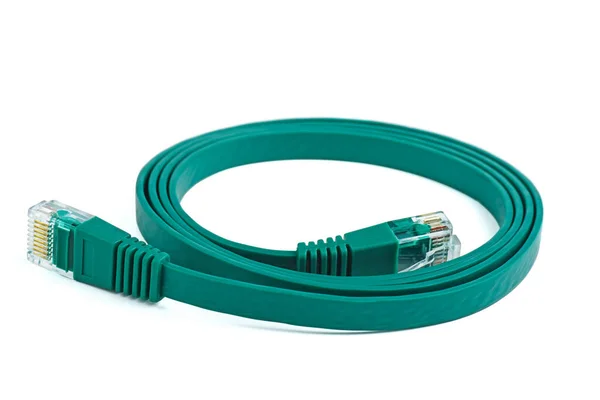 Platte Groene Ethernet Koper Rj45 Patchcord Geïsoleerd Witte Achtergrond — Stockfoto