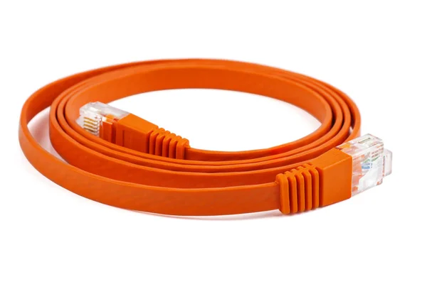 Platte Oranje Ethernet Koper Rj45 Patchcord Geïsoleerd Witte Achtergrond — Stockfoto