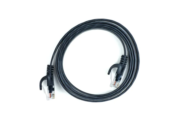 Vlakke Zwarte Ethernet Koper Rj45 Patchcord Geïsoleerd Witte Achtergrond — Stockfoto