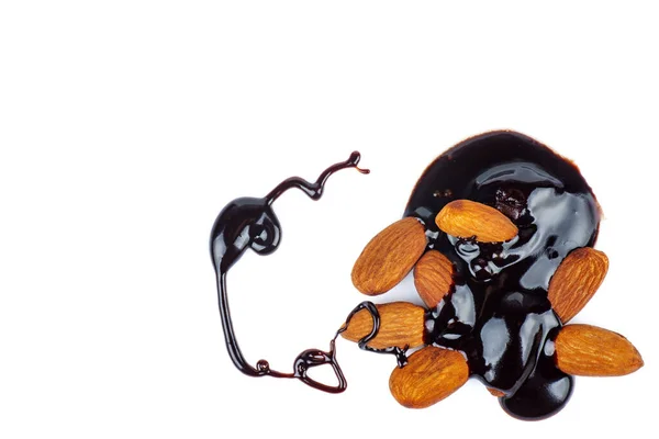 Homemade Liquid Dark Chocolate Almonds Isolated White Background — Stock Photo, Image