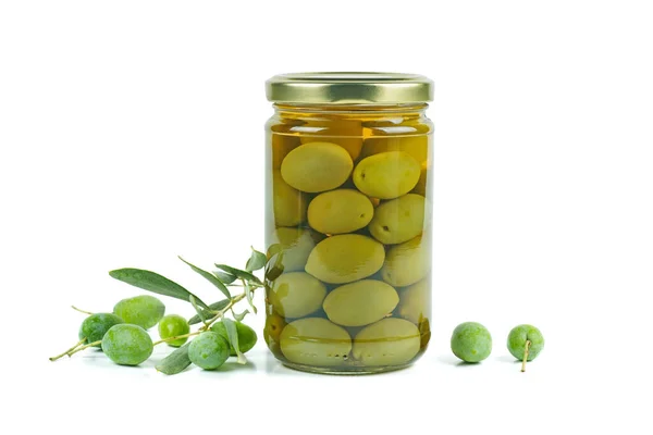 Glass Jar Pickled Olives Olive Branch Isolated White Background — Stock Photo, Image