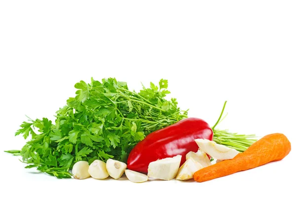 Gemüse Karotte Paprika Knoblauch Petersilie Und Dillblätter Isoliert Auf Weißem — Stockfoto