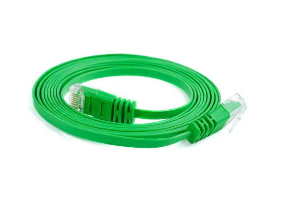 Platte Groene Ethernet Koper Rj45 Patchcord Geïsoleerd Witte Achtergrond — Stockfoto