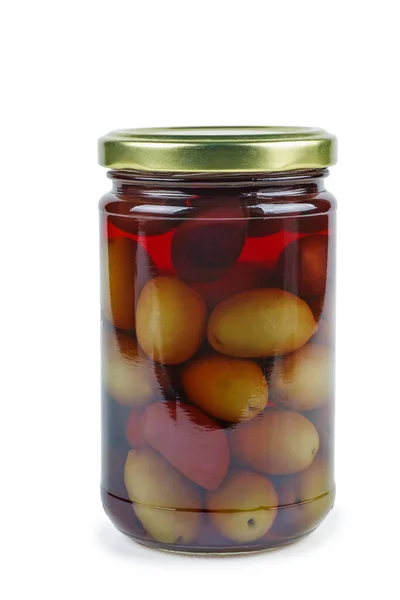 Glass Jar Pickled Olives Isolated White Background — Stock Photo, Image