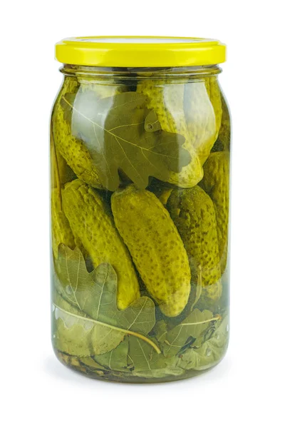 Glazen Pot Met Gepekelde Komkommers Geïsoleerd Witte Achtergrond — Stockfoto