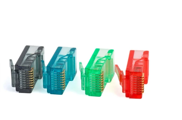 Red Green Blue Black Rj45 Connectors Isolated White Background — Stok fotoğraf