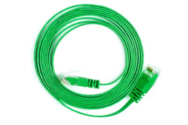 Flat green ethernet (copper, RJ45) patchcord isolated on white background