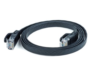 Flat black ethernet (copper, RJ45) patchcord isolated on white background