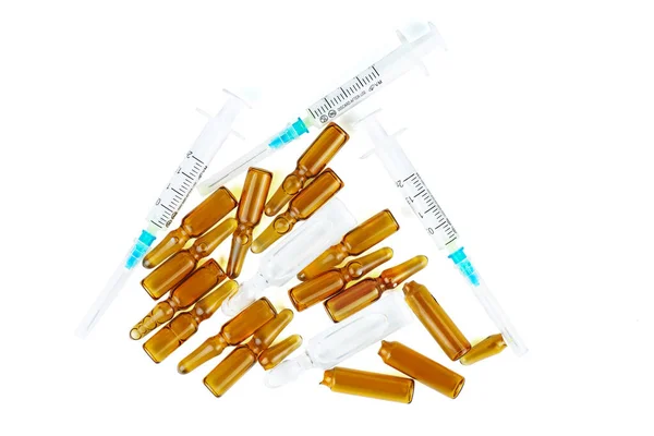 Three Used Syringes Ampules Isolated White Background — Stock Photo, Image