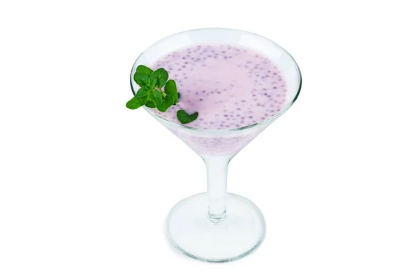 Glass Homemade Strawberry Yogurt Cia Seeds Mint Isolated White Background — Stock Photo, Image