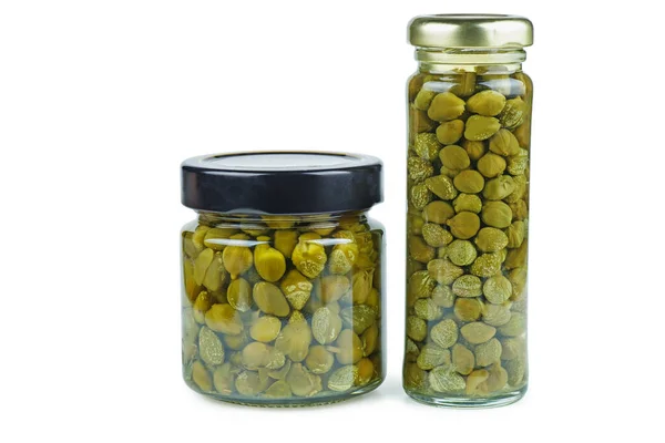 Glass Jars Marinated Capers Isolated White Background Royalty Free Stock Photos