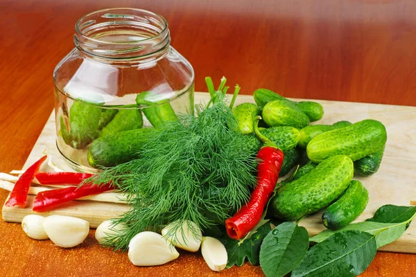 Cucumbers Prepared Canning Glass Jar — Stock Photo, Image