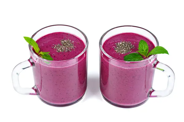 Two Glasses Homemade Blueberries Smoothie Fresh Mint Leaf Isolated White — Stock Photo, Image