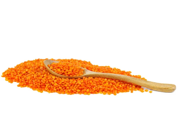 Pile Red Lentils Wooden Spoon White Background — Stock Photo, Image