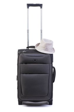 Beyaz arka planda izole edilmiş büyük siyah bavul.