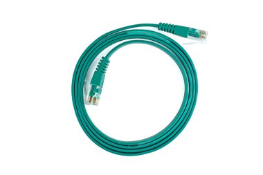 Flat green ethernet (copper, RJ45) patchcord isolated on white background