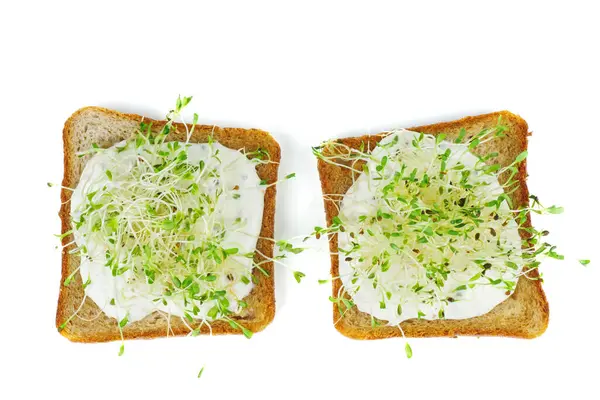 Microgroen Voedsel Groene Alfalfa Spruiten Verse Plakken Volkoren Brood Geïsoleerd — Stockfoto