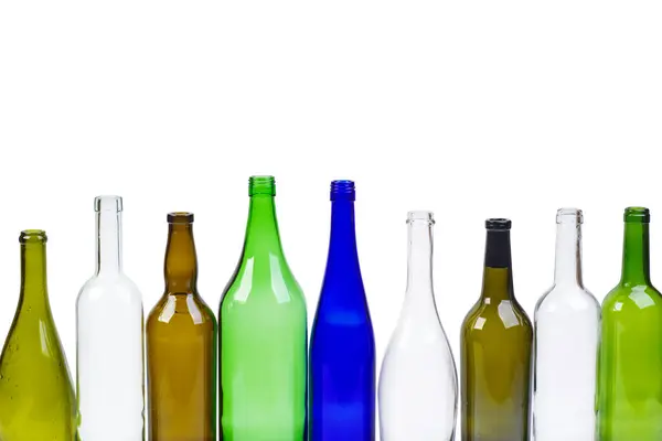 Empty Different Colored Bottles Isolated White Background — Stock Photo, Image
