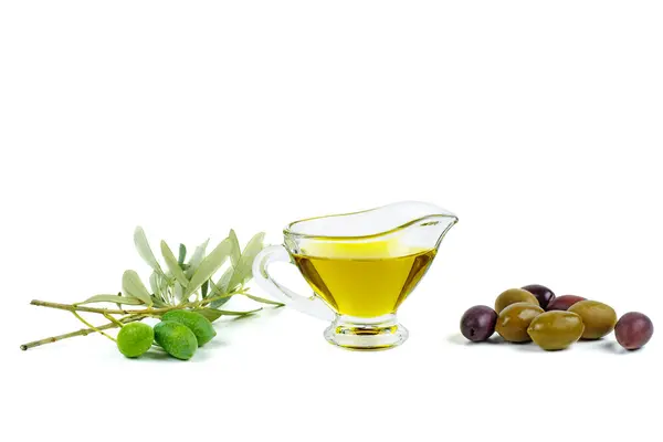 Délicieuse Huile Olive Olives Noires Vertes Aux Feuilles Isolées Sur Photo De Stock