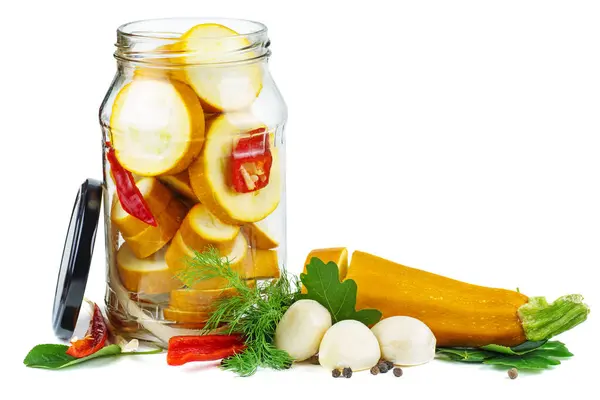 Zucchini Prepared Canning Glass Jar Isolated White Background — Stock Photo, Image