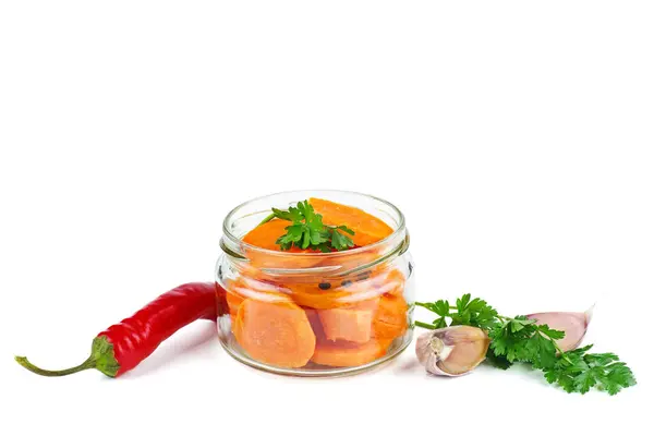 Zanahoria Preparada Para Enlatar Frasco Vidrio Aislado Sobre Fondo Blanco —  Fotos de Stock