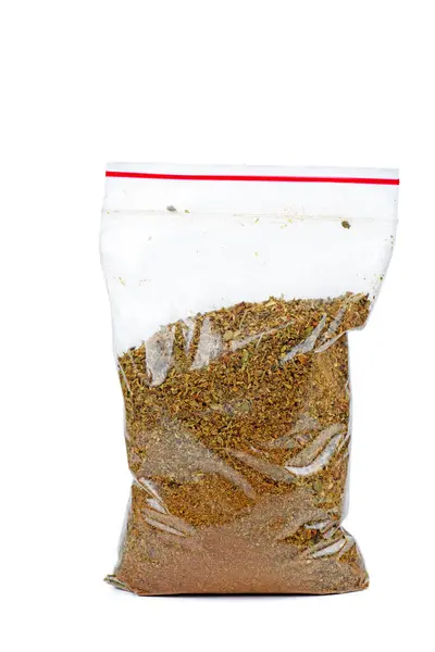 Plastpåse Med Blandade Kryddor För Grill Isolerad Vit Bakgrund — Stockfoto