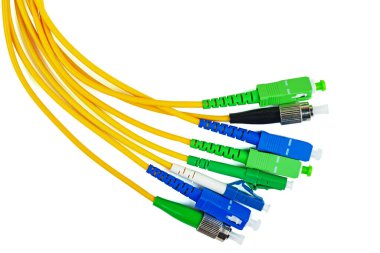 Beyaz arkaplanda fiber optik yama kablosu