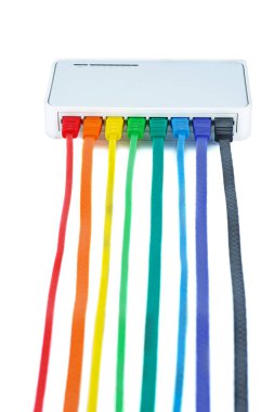 Ağ anahtarı ve renkli UTP ethernet kabloları