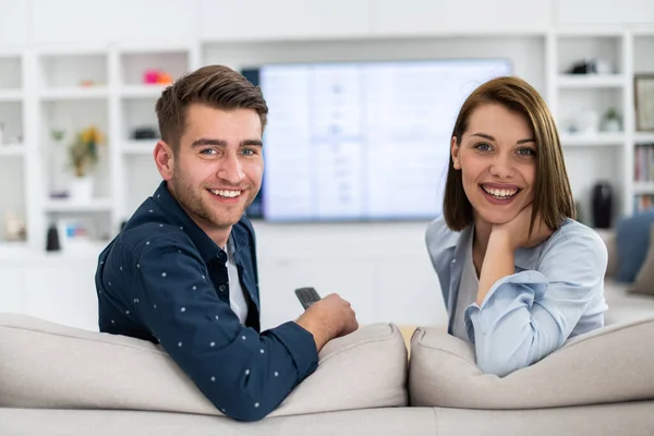 Couple Watches Together While Sitting Couch Living Room Girlfriend Boyfriend — Stock Photo, Image