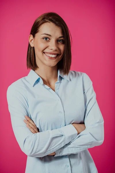 Portrait Shot Beautiful Blond Businesswoman Standing Arms Crossed Isolated Pink — Stock Photo, Image