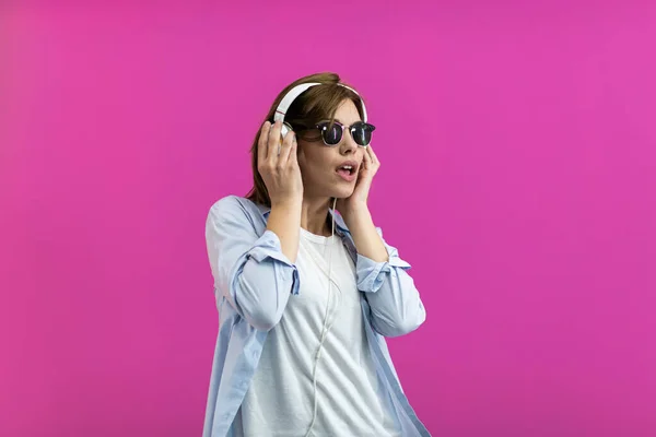 Brunette Lady Black Glasses Dancing Listening Music Isolated Pink Background — Stock Photo, Image