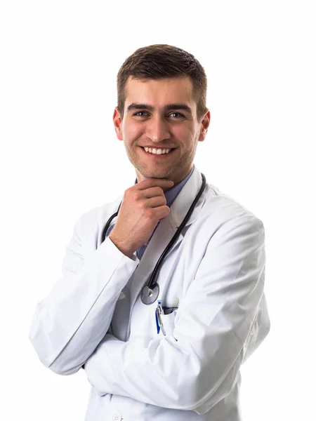 Portrét Hrdiny Bílém Plášti Veselý Usmívající Mladý Doktor Stetoskopem Lékařské — Stock fotografie